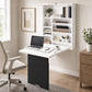 White wall-mounted foldable desk with shelves and blackboard, laptop on tabletop