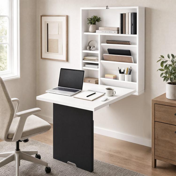 White wall-mounted foldable desk with shelves and blackboard, laptop on tabletop