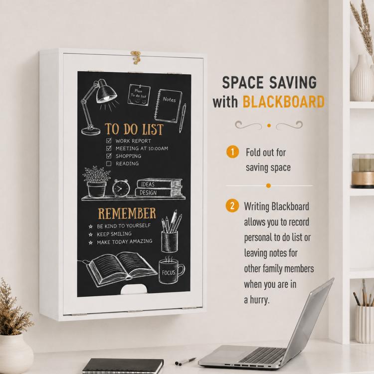 White framed blackboard panel on wall cabinet with chalk-style writing area