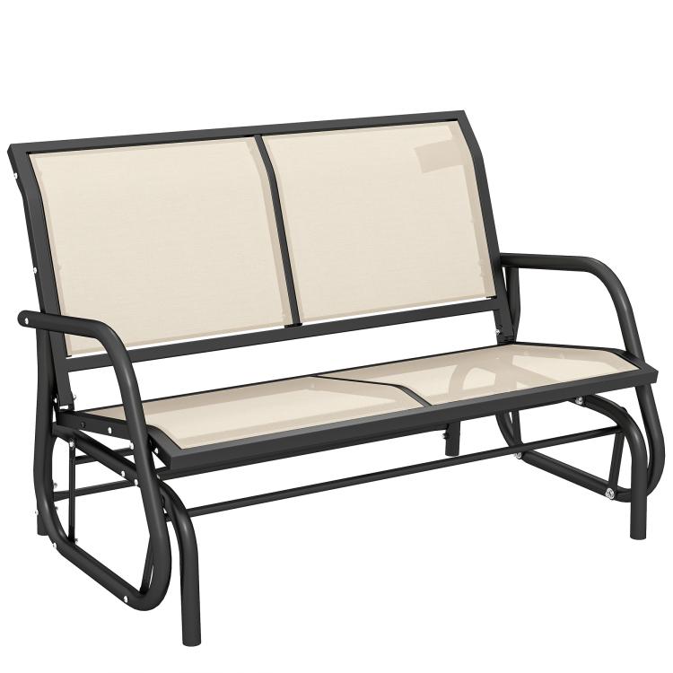 Beige outdoor glider bench with two seat cushions and dark steel rocking frame