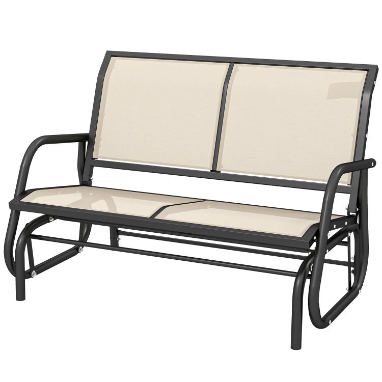 Beige outdoor glider bench with two back panels, dark metal base and curved rockers