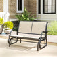 Outdoor glider bench with beige seat cushions and black metal rocking frame