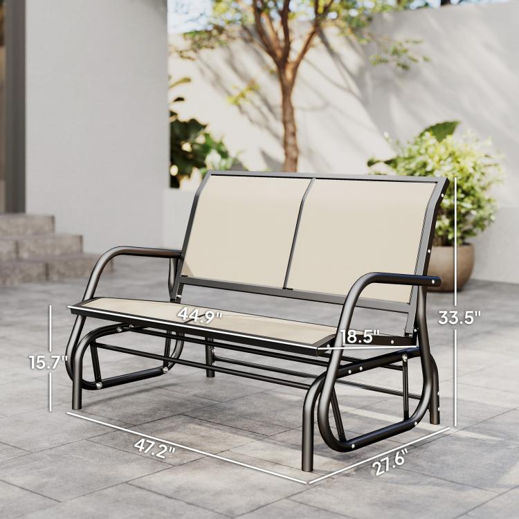Beige outdoor glider loveseat bench with dark steel frame and curved rocking rockers