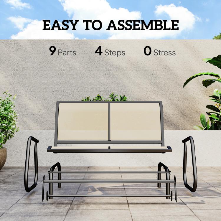 Beige outdoor glider bench, front view with two back panels and dark steel base