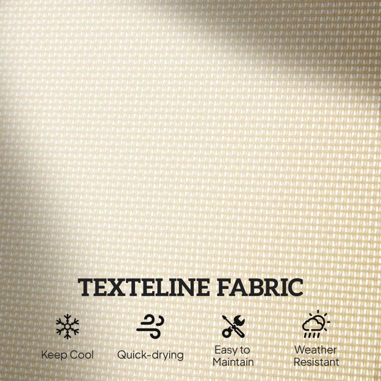 Beige outdoor cushion fabric swatch with weather-resistant icon details