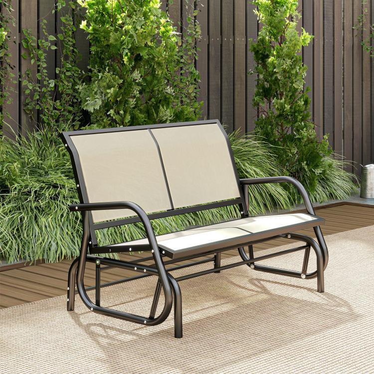 Beige outdoor glider loveseat bench with two cushions, dark steel arms and rockers
