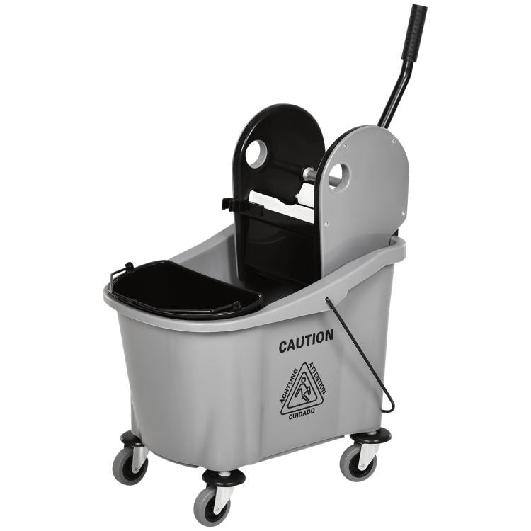 Gray mop wringer cart with black inner bucket, wringer frame, and four caster wheels