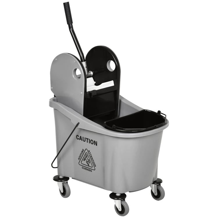Gray two-bucket mop cleaning cart with wringer, mop-handle holder, and 4 wheels