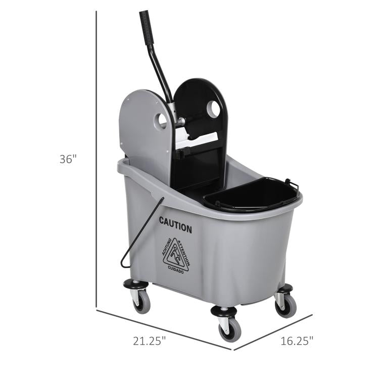 Gray mop wringer cart with black basket insert and four caster wheels