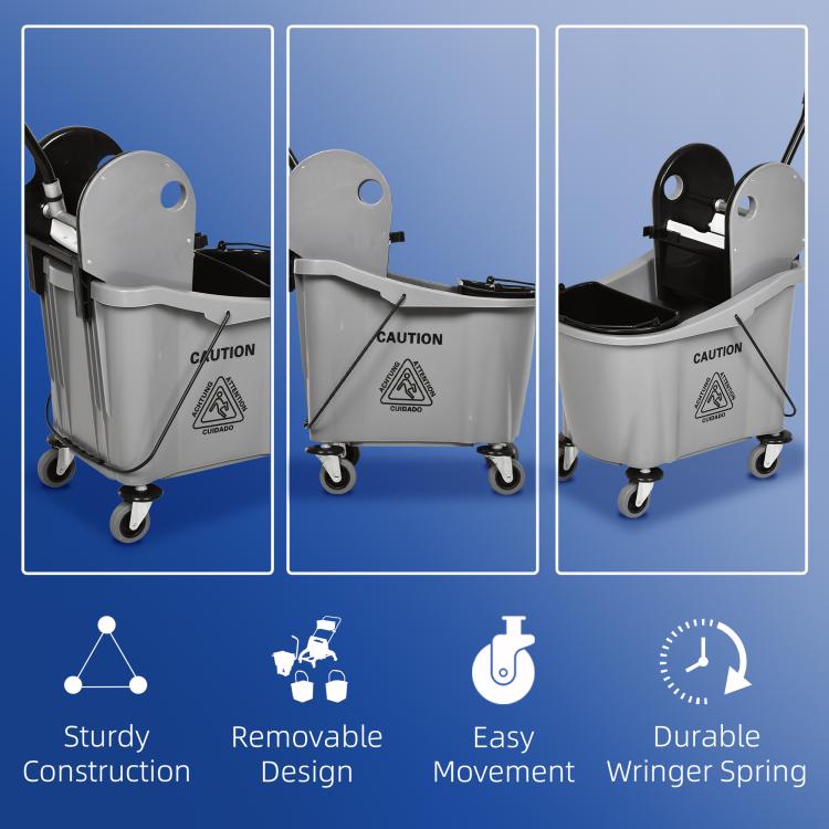 Gray mop wringer cart with black basket insert and four caster wheels