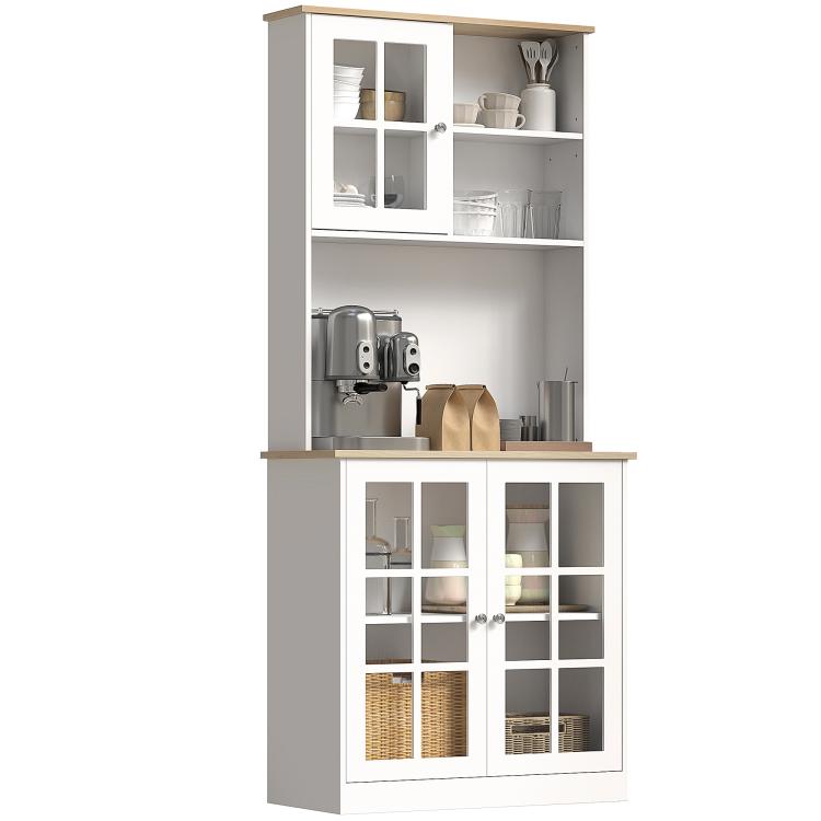 White freestanding pantry cabinet with hutch, glass doors, and open shelving