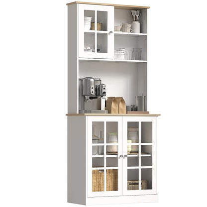 White freestanding pantry cabinet with hutch, glass doors, and open shelving