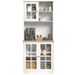 White pantry storage cabinet with upper open shelves and lower glass panel doors