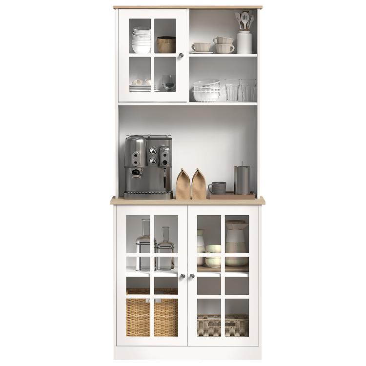 White pantry storage cabinet with upper open shelves and lower glass panel doors