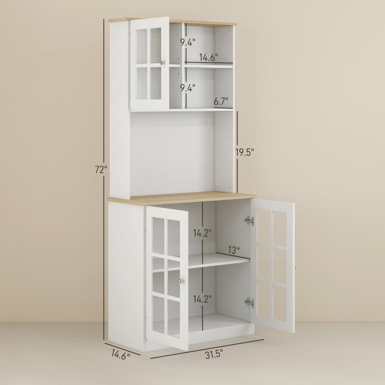 White pantry cabinet with open shelving, interior compartments, and hinged double doors