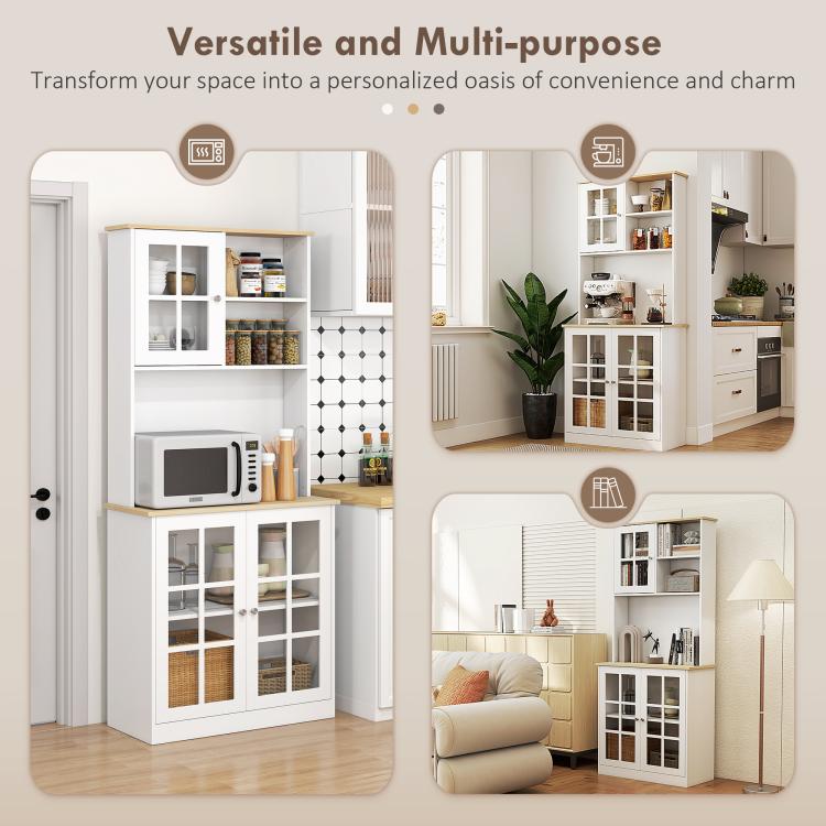 Pantry cabinet shown in multiple layouts with glass doors and open shelving