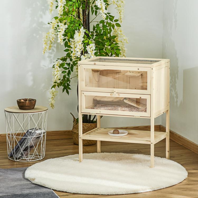 Natural wooden 3-tier small animal hutch with open front panel and side mesh roof