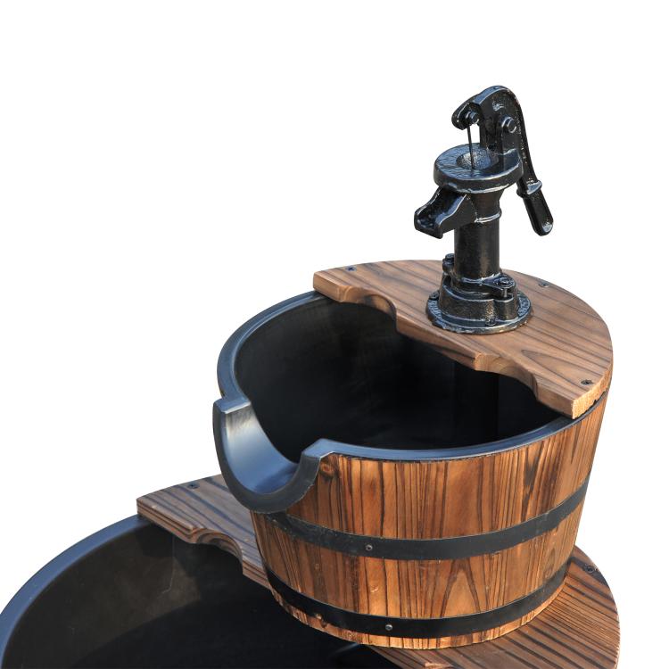 Wood barrel tiered fountain with black pump and water outlet