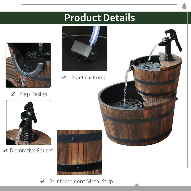 Product details graphic for two-tier wooden barrel fountain with flowing water