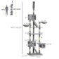 Grey height-adjustable cat tree tower with multiple resting levels and dangling ball