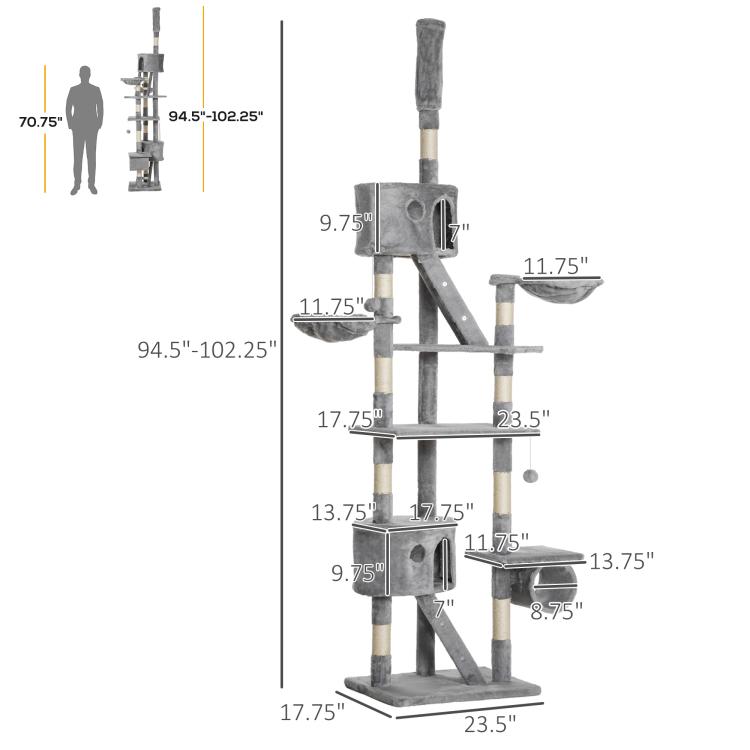 Grey height-adjustable cat tree tower with multiple resting levels and dangling ball