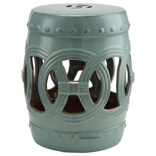 Antique blue ceramic garden stool with openwork double-coin ring design and round top.
