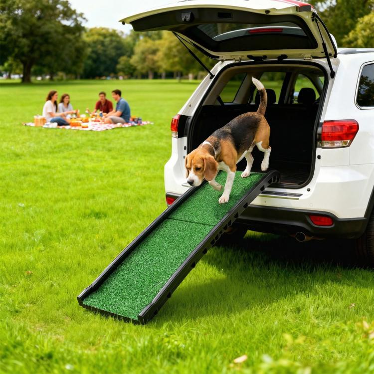 Dog ramp for vehicle cargo area, green non-slip mat with black raised side rails