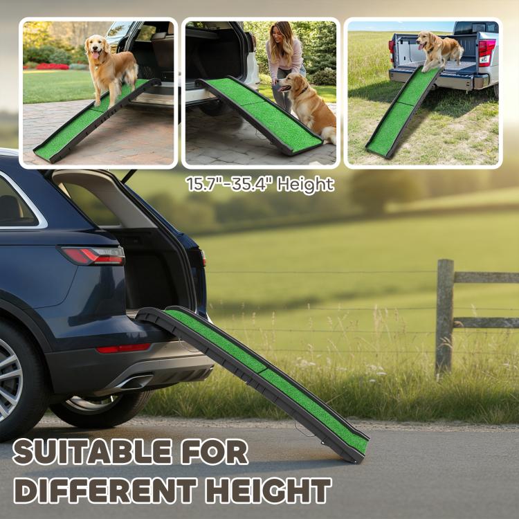 Folded-length pet ramp with green non-slip top and raised side rails, shown outdoors