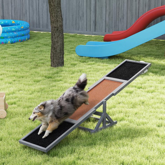 Gray dog agility seesaw with orange deck and black pads, small dog walking on top