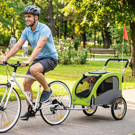 Green pet bicycle trailer with mesh sides and canopy, hitched to a bike