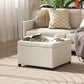 Beige square ottoman bench with flip-top lid, button-tufted seat, and dark feet