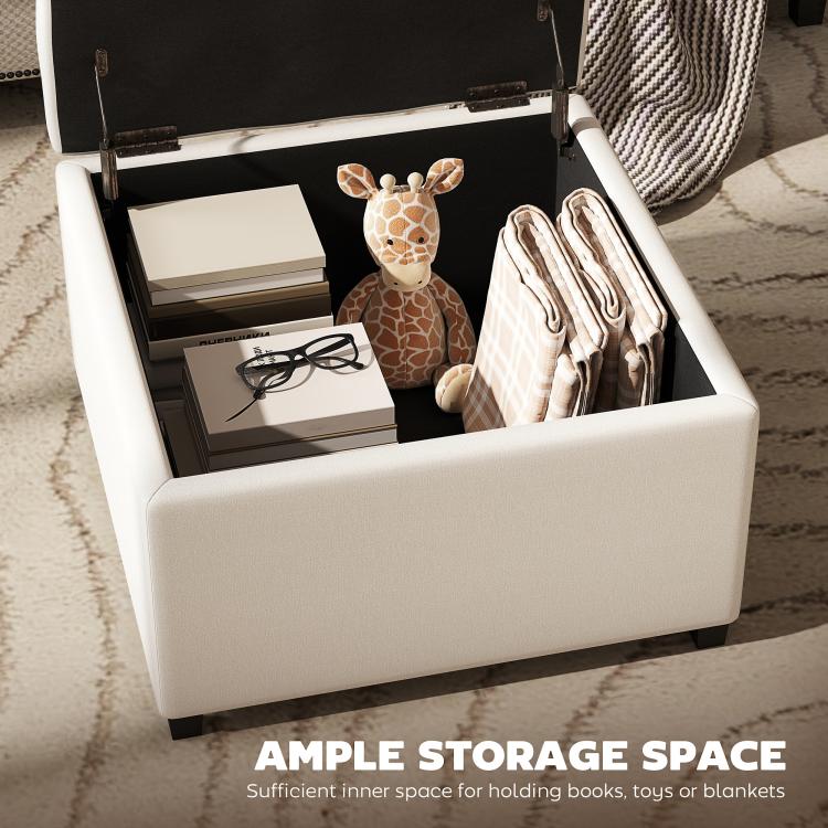 Beige storage ottoman bench with flip-top lid open, showing interior storage compartment