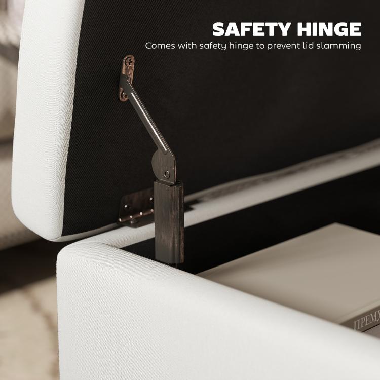 Beige ottoman flip-top lid with metal safety hinge and reinforced internal frame