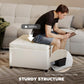 Beige storage ottoman with sturdy internal frame and plastic legs with non-slip foot pads