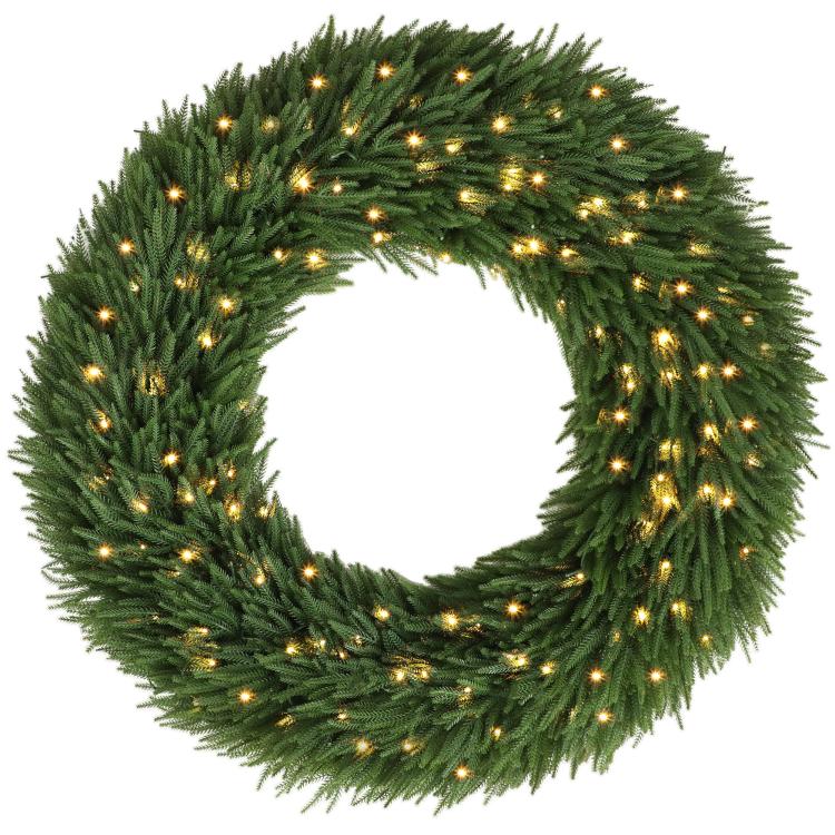 Green artificial Christmas wreath with warm white LED lights, round pine style