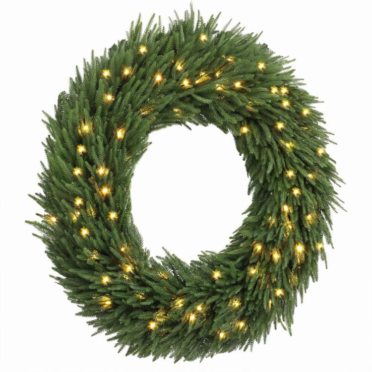 Green pre-lit pine wreath with warm white LED lights, circular full profile view