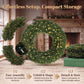 Green pre-lit wreath section with warm white LED lights, plus storage/assembly view