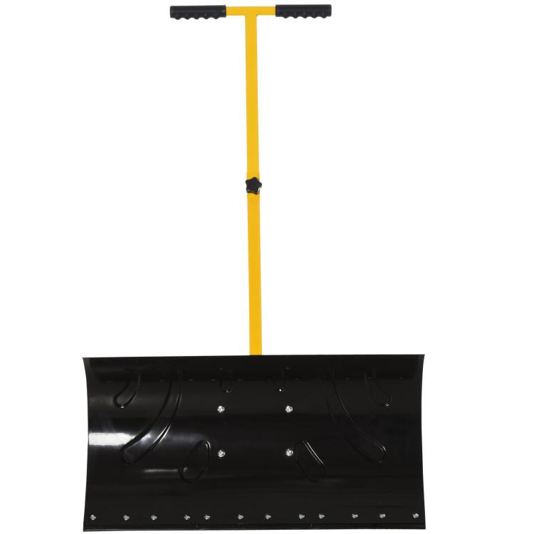 Yellow snow shovel with rolling pusher handle and black metal blade