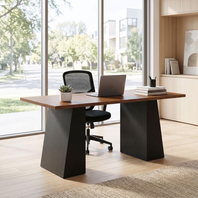 Light walnut 63-inch desk with trapezoidal black legs and flat tabletop