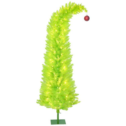 Pre-lit pencil Christmas tree with warm white lights, green base, red ball ornament