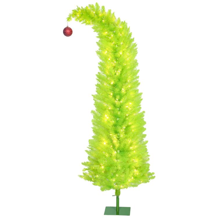 Prelit green pencil Christmas tree with small red striped ball ornament and lighted branches
