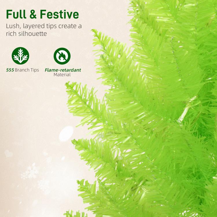 Close-up of light green pre-lit pencil Christmas tree branches with flame-retardant tips