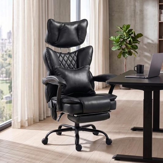 Black office massage chair with headrest and plush arm cushions on swivel base