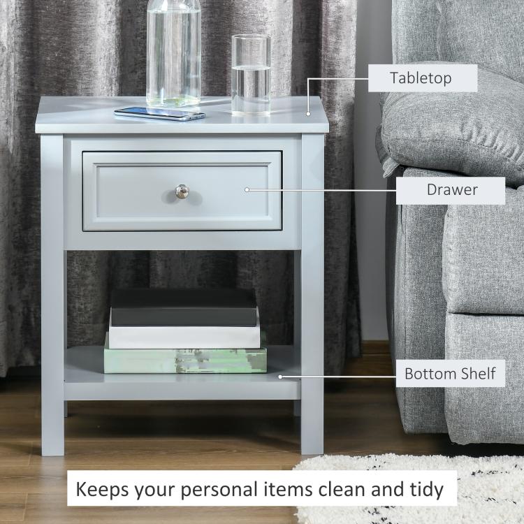 Light gray end table with drawer and bottom shelf, feature labels shown