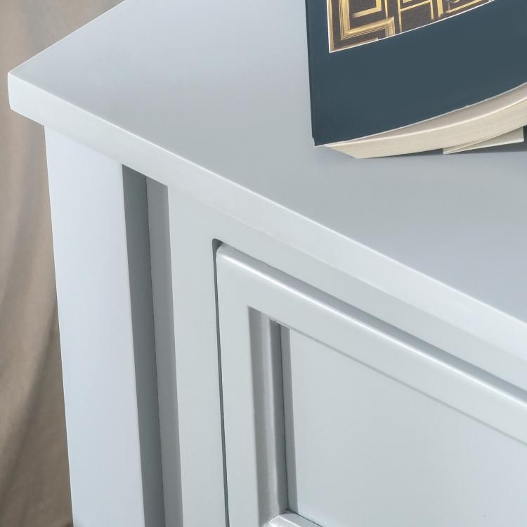 Light gray end table drawer front with recessed panel and smooth edge