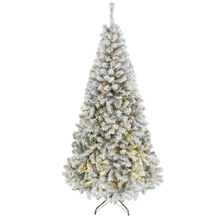 Snow-flocked prelit Christmas tree with warm white lights and hinged metal stand