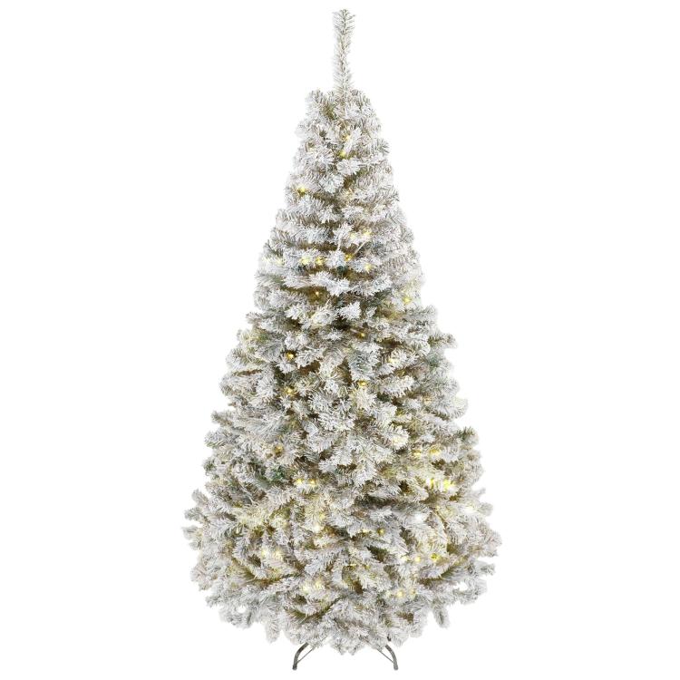 Snow-flocked prelit Christmas tree with warm white lights, full conical shape