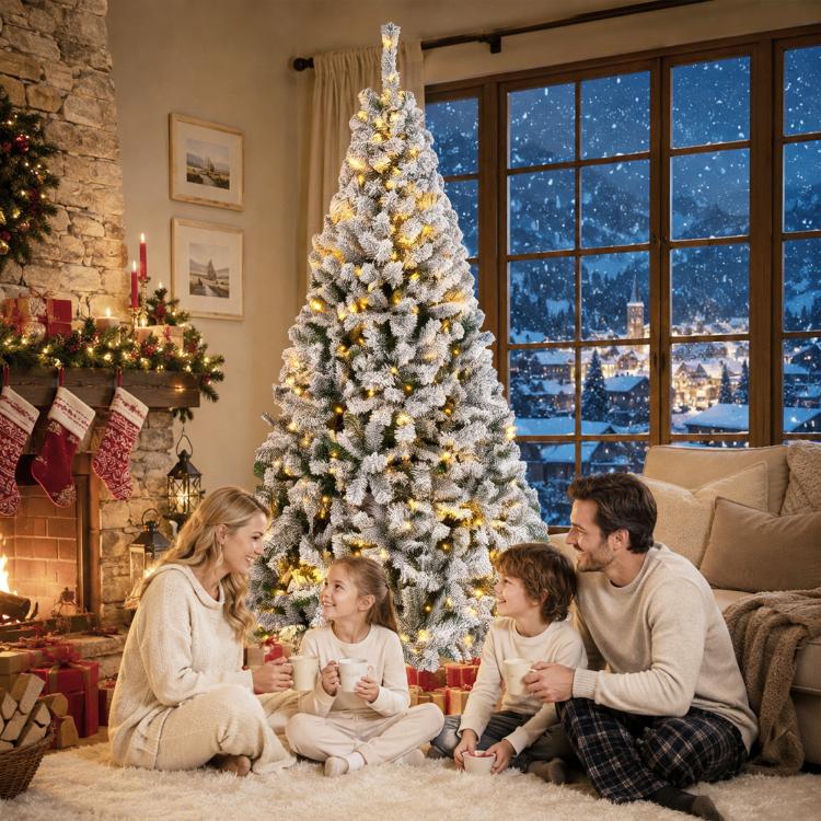 Snow-flocked prelit Christmas tree with warm white lights, slim profile on stand