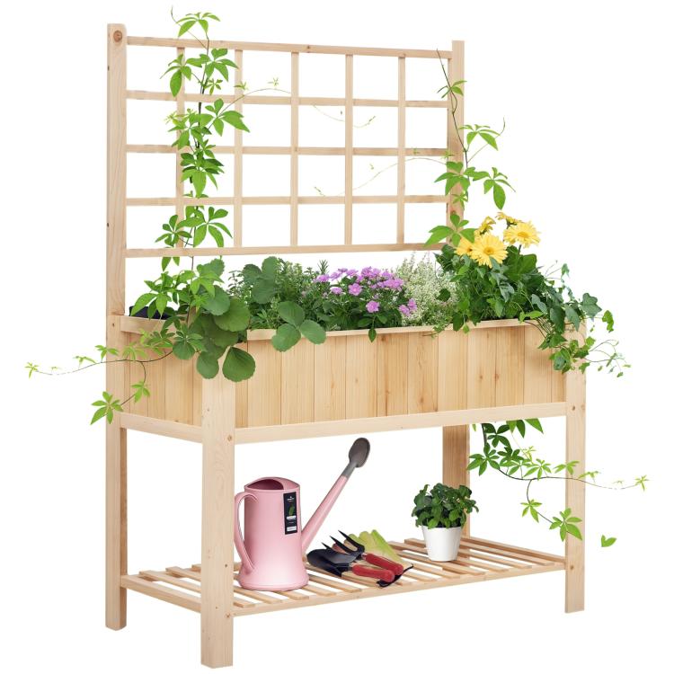 Wooden raised garden bed planter with attached trellis and potted herb plants