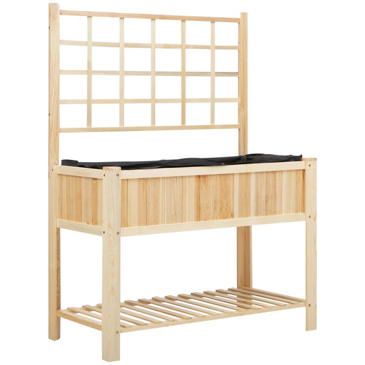 Elevated wooden planter stand with trellis frame and black liner